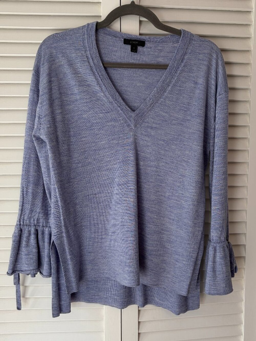 J. Crew merino wool sweater bell sleeve medium heather blue v-neck *flaw*